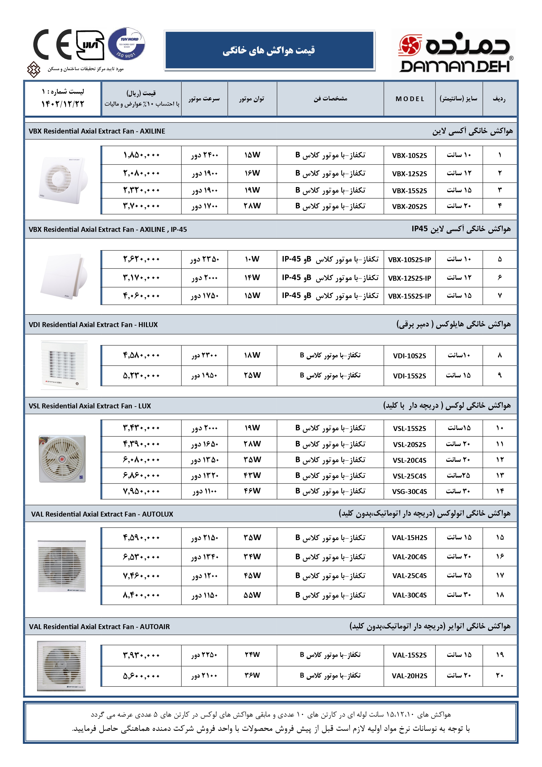 لیست قیمت هواکش خانگی دمنده 1403