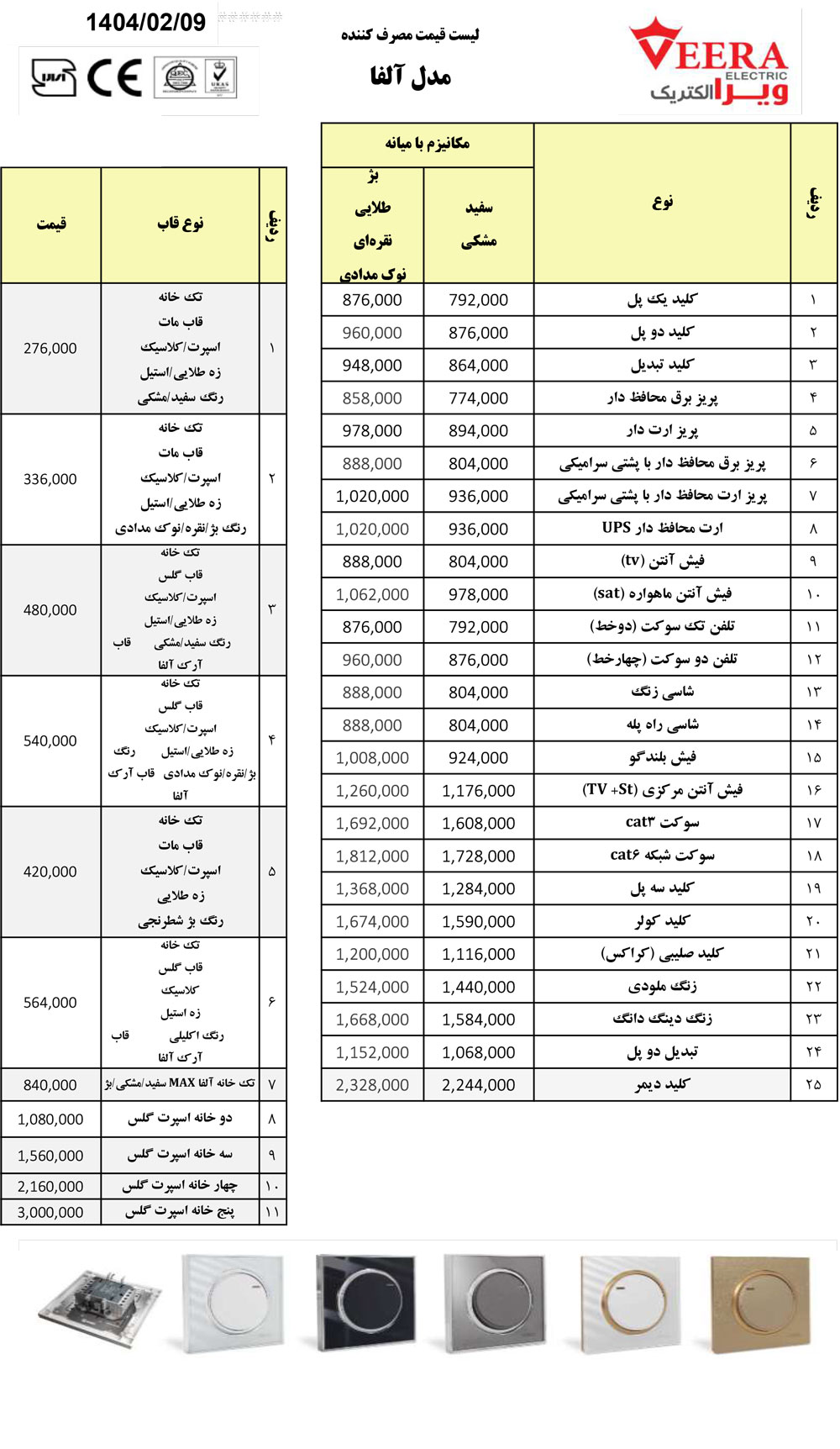 لیست قیمت کلید پریز ویرا مدل آلفا 1404