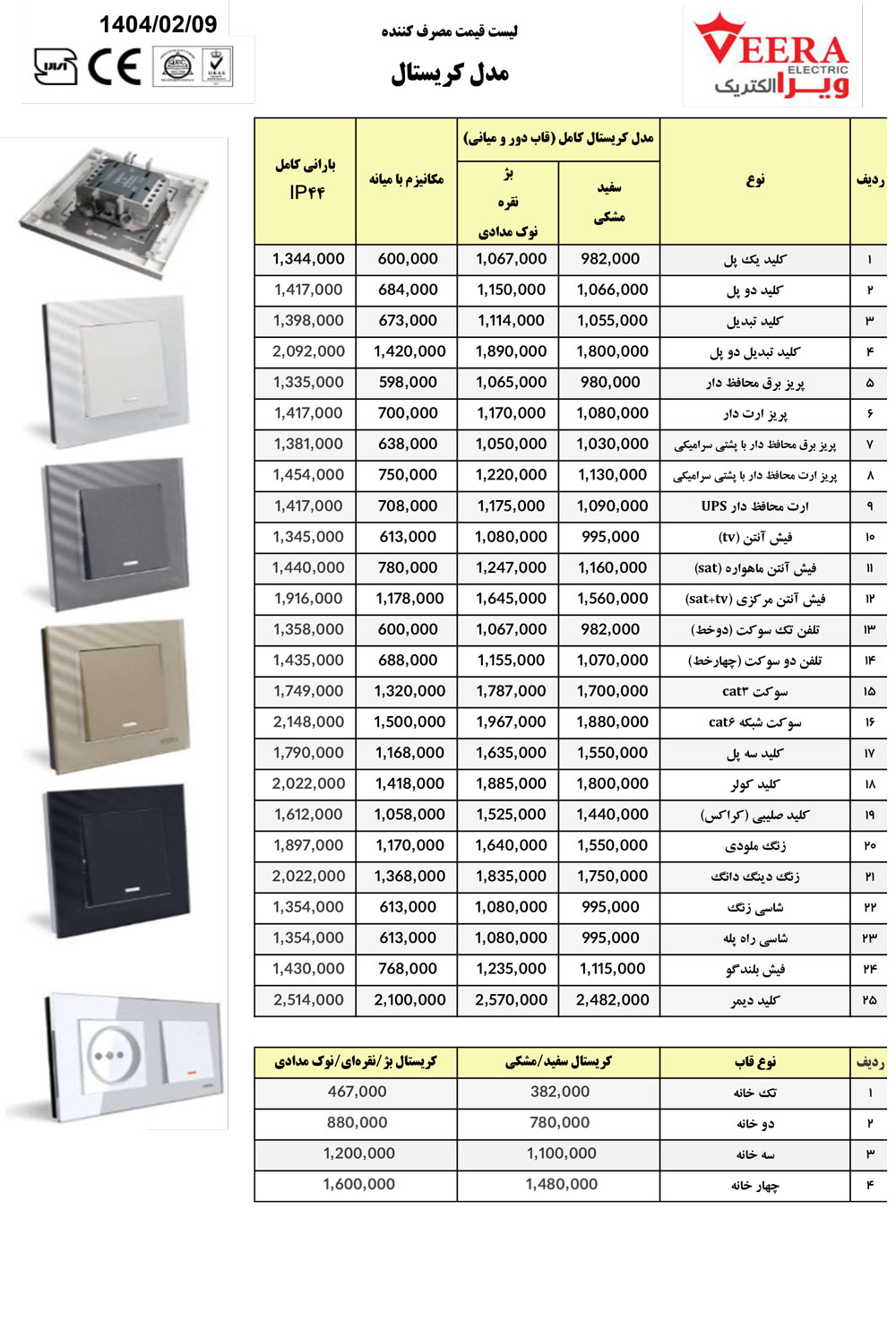 لیست قیمت کلید پریز ویرا مدل کریستال 1404