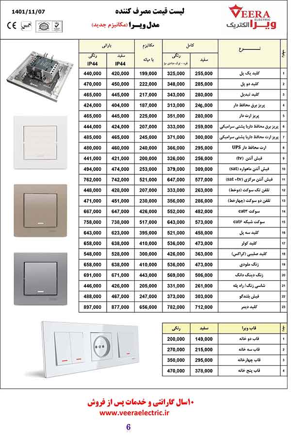 لیست قیمت کلید پریز ویرا مدل ویرا 1401