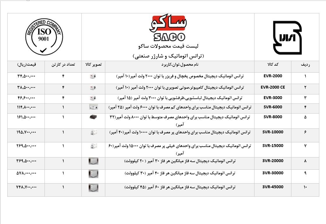 لیست قیمت 1402 استابلایرز ساکو