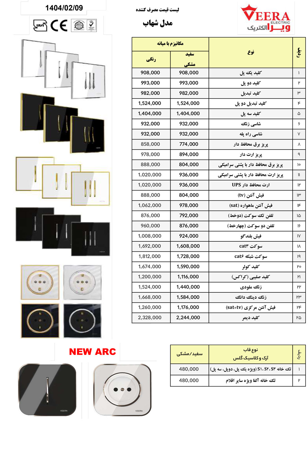 لیست قیمت کلید پریز ویرا مدل شهاب 1404