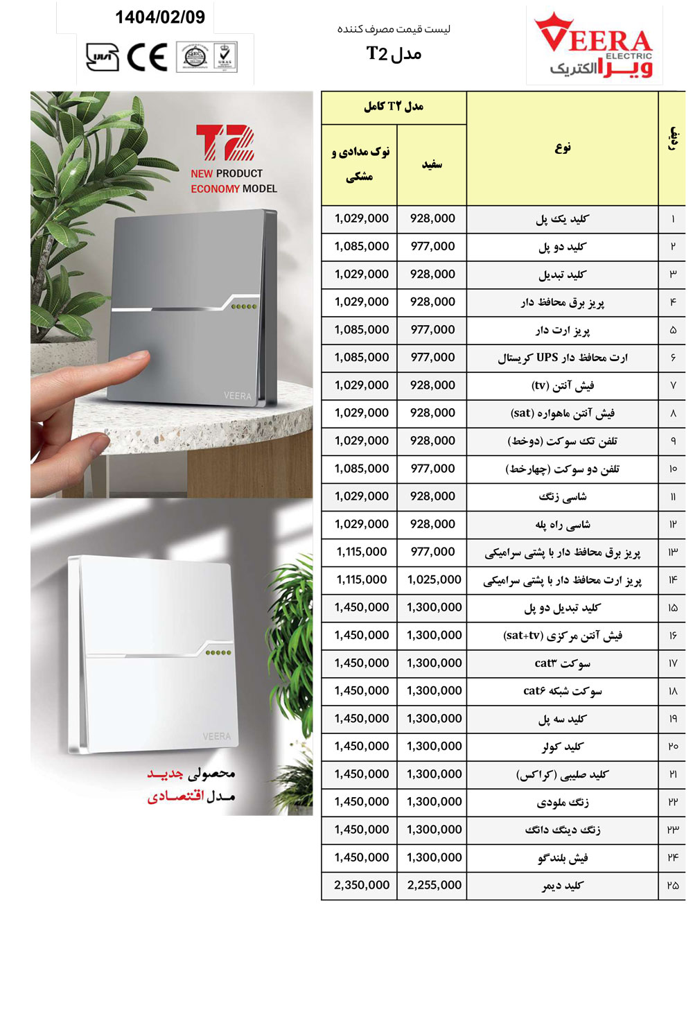 لیست قیمت کلید پریز ویرا مدل T2 1404