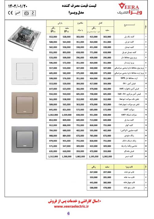 لیست قیمت کلید پریز ویرا مدل ویرا 1402